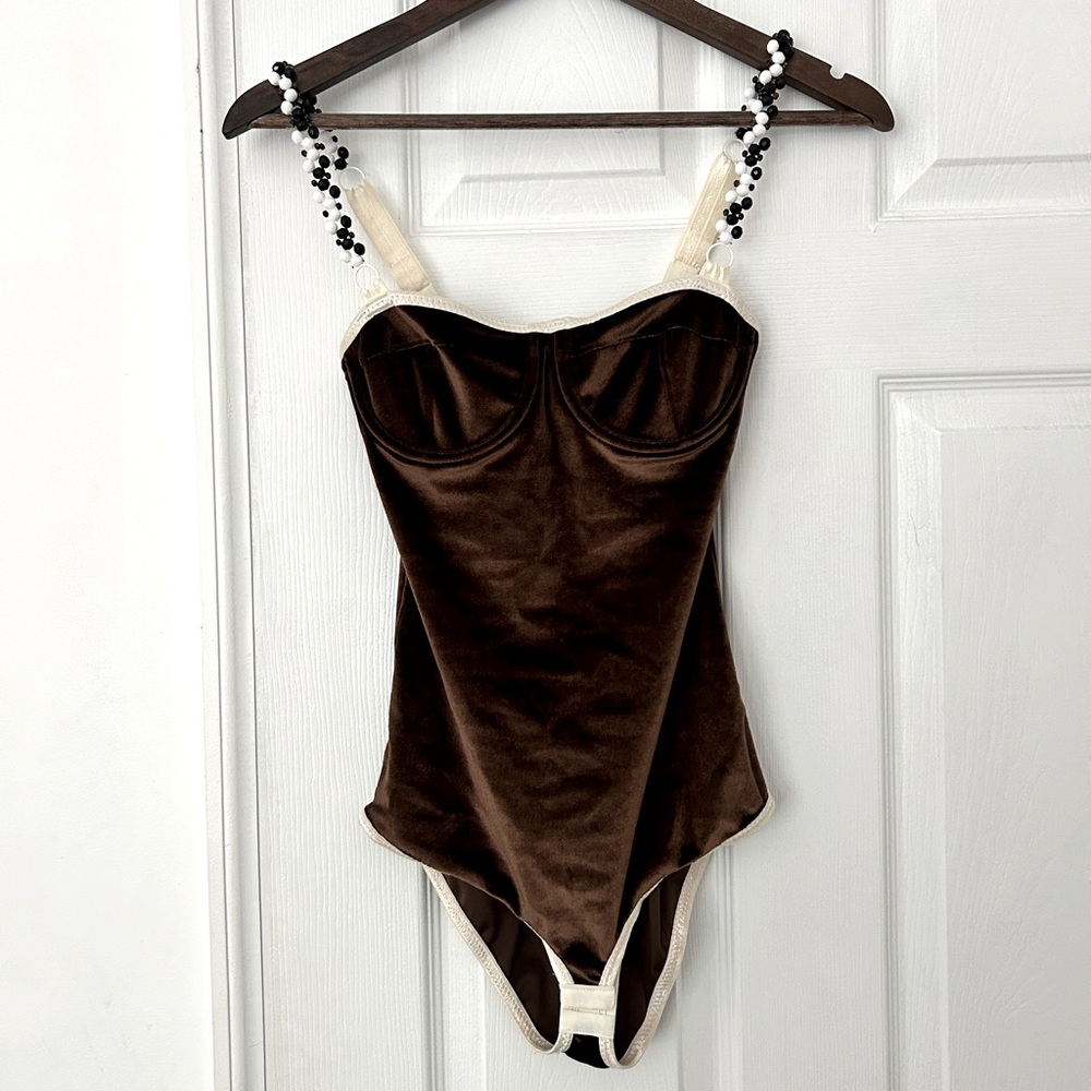 Ami Muse Studio Brown velvet beaded bodysuit